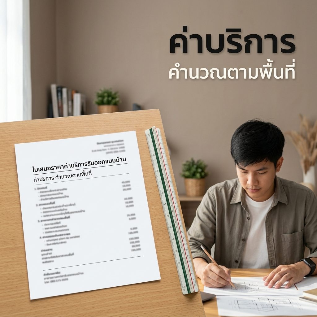 เอกสารประเมินค่าบริการรับออกแบบบ้านและรายการวัสดุวางบนโต๊ะทำงานพร้อมไม้บรรทัดสเกล ค่าบริการ คำนวณตามพื้นที่