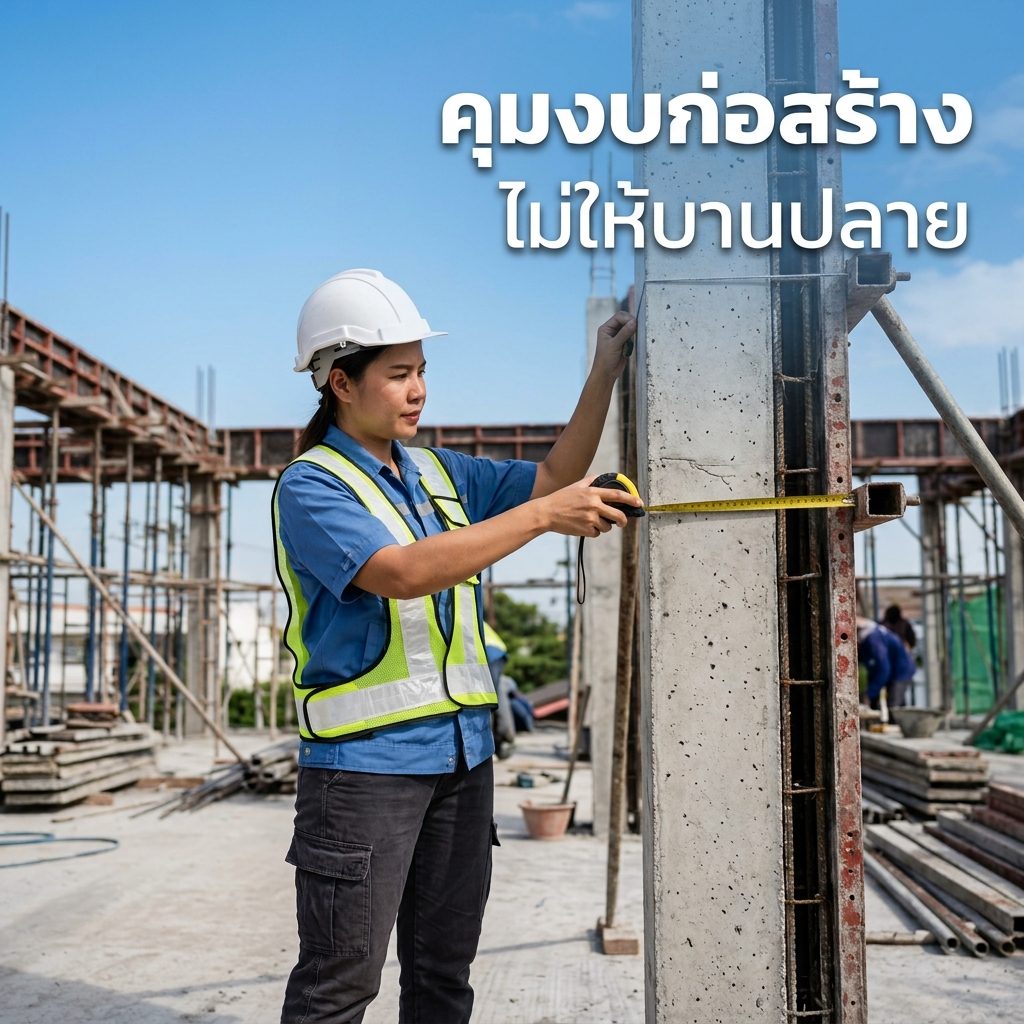 ทีมงานกำลังตรวจวัดแนวคานและโครงสร้างคอนกรีตในพื้นที่ก่อสร้างเพื่อป้องกันการแก้ไขงาน คุมงบก่อสร้าง ไม่ให้บานปลาย