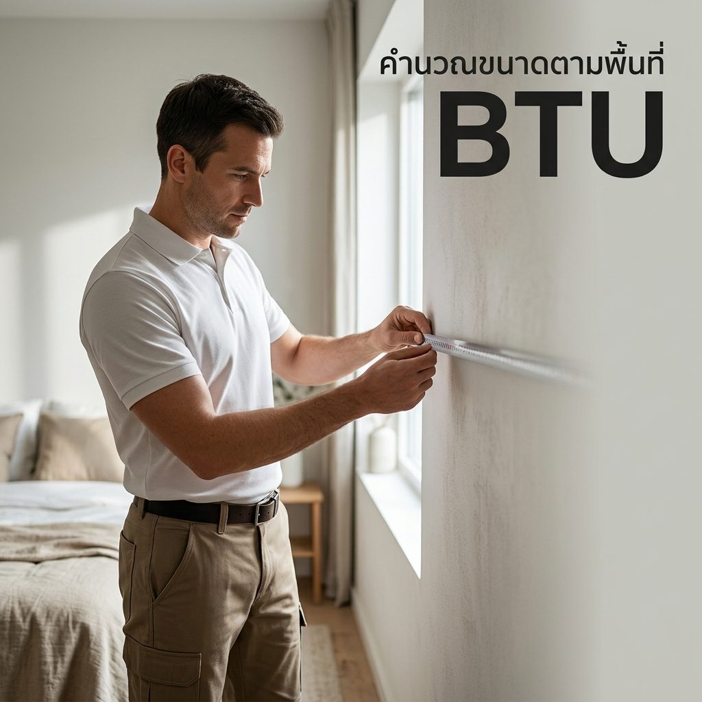 ช่างเทคนิคกำลังใช้ตลับเมตรวัดพื้นที่ผนังห้องเพื่อคำนวณขนาดติดตั้งเครื่องปรับอากาศ ขนาด BTU